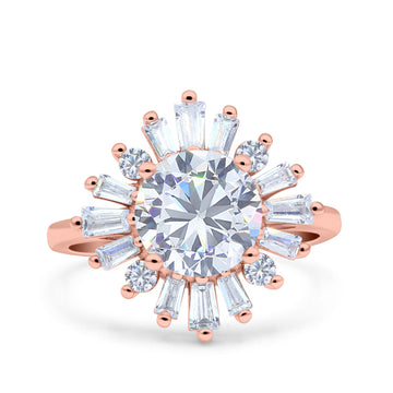 14K Rose Gold Art Deco Wedding Bridal Ring Baguette Round Simulated Cubic Zirconia Size-7